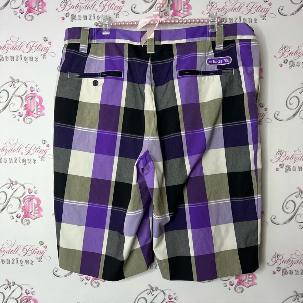adidas shorts long Plaid Shorts in Purple, Black, and White stripes gingham - Picture 2 of 7